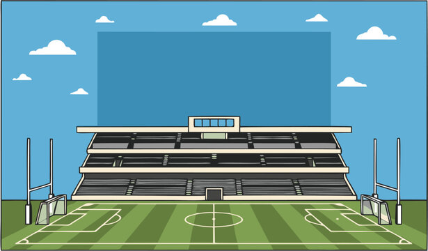 Vector illustration of a large, empty sports stadium with a green pitch, spectator grandstands, and goal posts under a blue sky