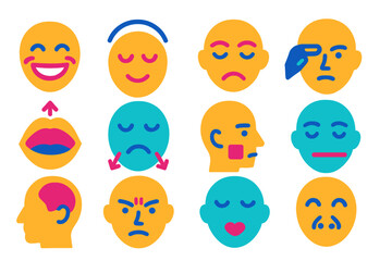 Facial Muscle Icons. Flat vector icons of facial muscle movements: zygomaticus, orbicularis oculi, frontalis, corrugator, levator