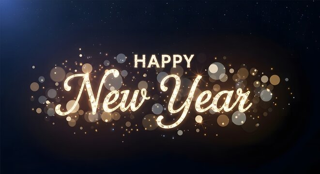 Happy new year wishes with bokeh lights on a dark blue background