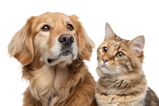 A close-up portrait of a friendly dog and cat sitting side by side, both looking directly at the camera with warm, curious expressions. Their fur textures are clearly visible, creating a soft and invi