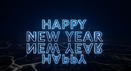 A reflective happy new year message with a dark blue background image