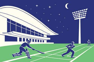 Stylized graphic illustration of cricket match at night stadium sport game