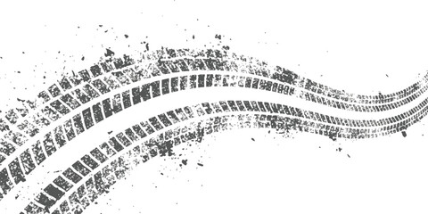 Dirty grunge tire tracks from vehicle on road, dynamic abstract car wheel print.