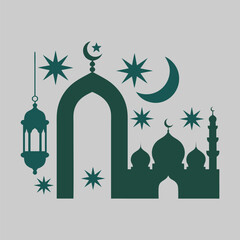 Ramadan mosque silhouette with crescent moon, stars and hanging lantern illustration