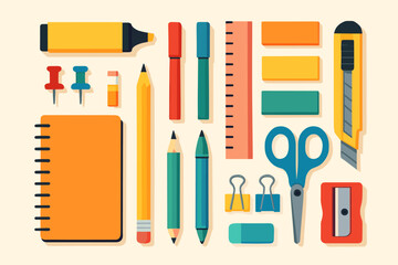 Colorful Stationery Flat Lay. Flat lay of colorful stationery supplies neatly arranged on a clean surface, vibrant tones and sharp