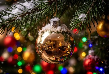 Close-up of a golden Christmas bauble hanging on a snow-covered fir branch, reflecting the interior of a room with festive lighting and decorations.