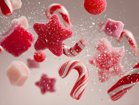 Action-packed photo of candy canes, and star-shaped gumdrops flying in the air.