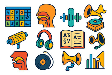 Vintage Phonetics Collection. Isometric vector illustration set Vintage Phonetics: international phonetic alphabet chart, vocal