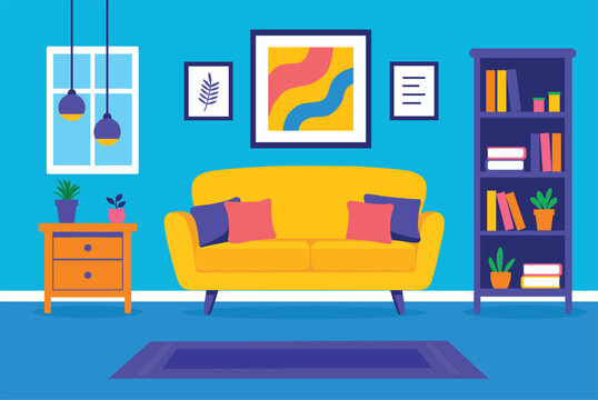 Bright minimalist living room interior with yellow sofa, bookshelf, window and decor elements. Colorful flat illustration of modern home design, cozy space and comfortable furniture.