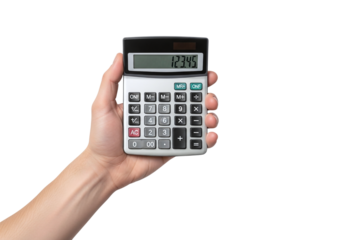 Calculator in Hand Close Up Against Black Backdrop Business Finance and Accounting Concept