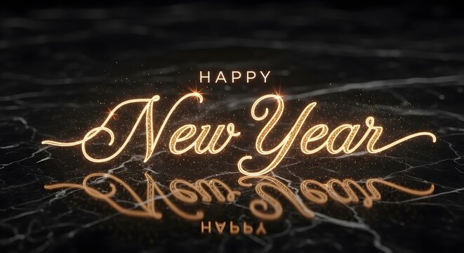 Golden happy new year wishes on a dark marble background with reflection - Powered by Adobe