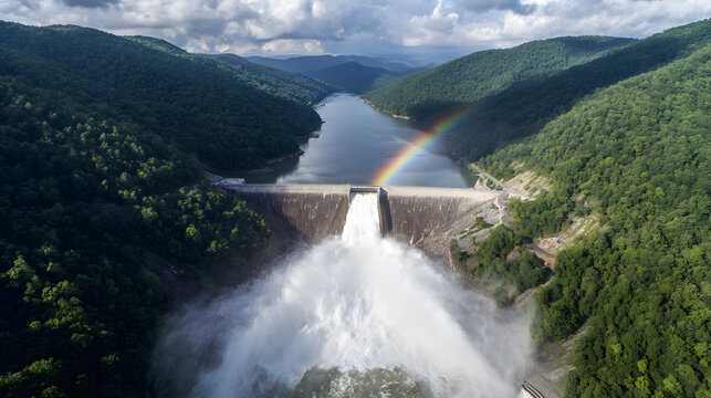 Aerial view from the top of a massive concrete dam with rainbow.