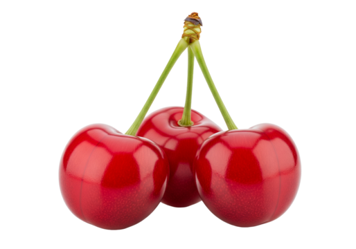 Three ripe cherries cluster, a vibrant treat, perfect for summer desserts, healthy snacks, and fresh fruit promotions, bringing a pop of color and sweetness