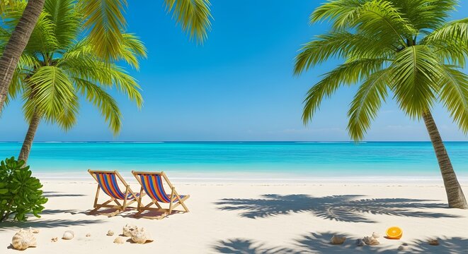 Beach chairs under palm trees on a tropical white sand beach with turquoise sea