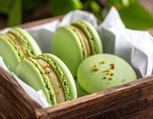 Close-up of pastel green macarons in a rustic wooden box