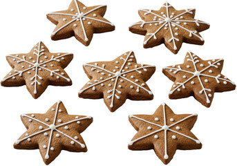 Macro flat lay of eight dark brown, textured gingerbread cookies (intricate snowflakes, stylized stars) decorated with fine white royal icing on a transparent background. Concept for holiday product