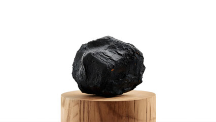 Close-up charcoal piece on wooden pedestal, detailed black texture on clean white background, soft lighting, high contrast, professional commercial style for product, craft, and material visuals.