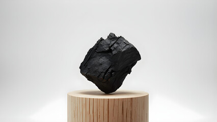Close-up charcoal piece on wooden pedestal, detailed black texture on clean white background, soft lighting, high contrast, professional commercial style for product, craft, and material visuals.