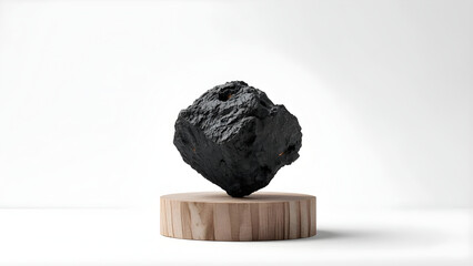 Close-up charcoal piece on wooden pedestal, detailed black texture on clean white background, soft lighting, high contrast, professional commercial style for product, craft, and material visuals.