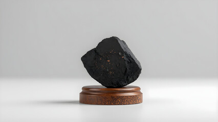 Close-up charcoal piece on wooden pedestal, detailed black texture on clean white background, soft lighting, high contrast, professional commercial style for product, craft, and material visuals.
