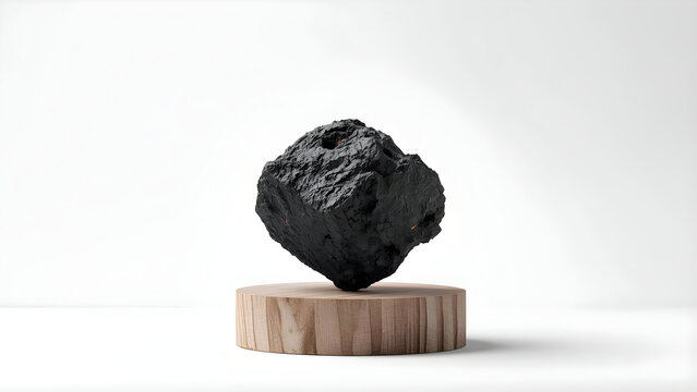 Close-up charcoal piece on wooden pedestal, detailed black texture on clean white background, soft lighting, high contrast, professional commercial style for product, craft, and material visuals.