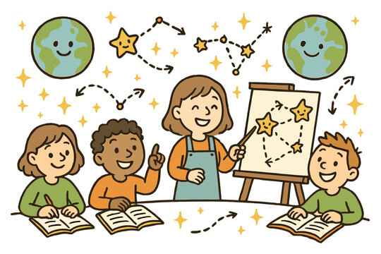 Star Doodle Workshop. Friendly doodle star-based navigation workshop with happy students, cartoon globes floating, cheerful