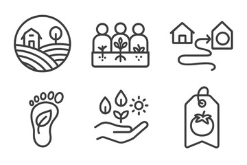 Sustainable Food Icons. Line style icons of Sustainable Food Systems: circular farm icon, community garden, farm-to-table path,