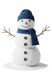 a hyperdetailed photorealistic snowman made of crystalline snow, wearing a deep sapphire blue knitted beanie and scarf, isolated on a transparent studio background with copy space. concept of
