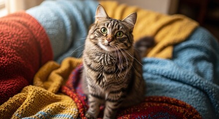 Adorable tabby cat with captivating green eyes relaxing on colorful knitted blankets, a cozy and heartwarming pet portrait for animal lovers