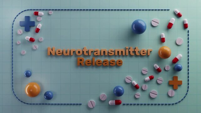vibrant pharmacy imagery, colorful medication display with icons, dynamic medical illustration showing vibrant pills on teal grid symbolizing neurotransmitter release concepts and clinical themes