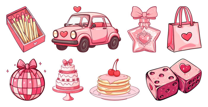 PNG Cute pink objects with heart motifs, element set on transparent background