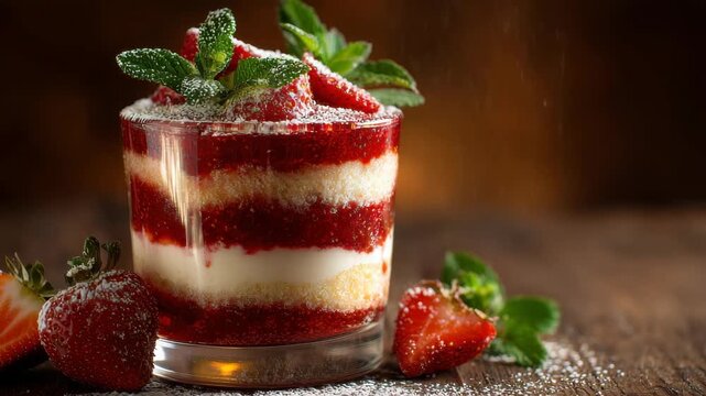 Delicate Strawberry Trifle Dessert with Layers of Cake Cream and Berry Coulis Garnished with Fresh Mint and Powdered Sugar on Rustic Wooden Table With Soft Bokeh Background