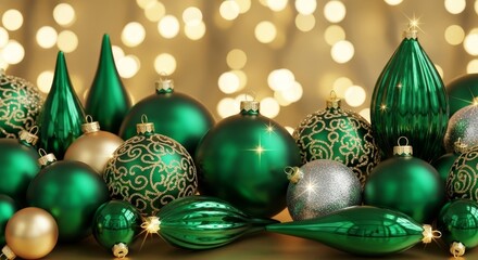 Elegant emerald christmas ornament collection with bokeh background