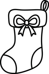 Christmas stocking with bow vector illustration, holiday sock outline, festive coloring page, black and white line art