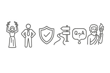 Obraz premium Moral Law Icons. Line style icons of Moral Foundations of Law: virtue icon, duty-bound figure, rights shield, consequentialist