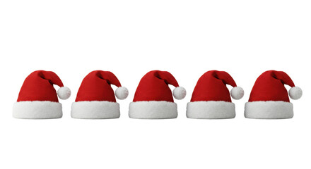 Six identical crimson velvet santa hats with white faux fur trim in a line, sharp focus on plush texture, against a high-key transparent studio backdrop. Luxurious christmas product display