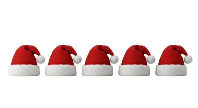Six identical crimson velvet santa hats with white faux fur trim in a line, sharp focus on plush texture, against a high-key transparent studio backdrop. Luxurious christmas product display