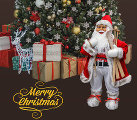 A figure of Santa against the backdrop of a decorated Christmas tree