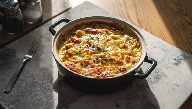 キッチンに出されたぐつぐつ煮たった美味しそうなグラタン