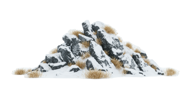 majestic, rugged rocky hill covered in pristine snow and frosted grass, panoramic wide shot, isolated against a transparent background, emphasizing extreme cold and minimalist beauty concept of