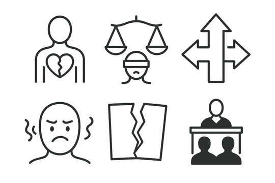 Justice Ethical Dilemmas Icons. Line style icons of Ethical Dilemmas in Justice: person with divided heart, blindfolded scales
