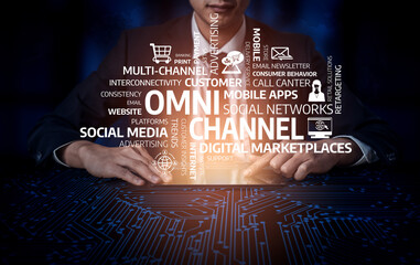 A professional businessman examines omni-channel marketing concepts, emphasizing customer engagement and data-driven strategies in a technology-focused environment. Tessel