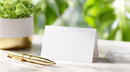Blank business card on a bright desk with pen and plant, creating a clean professional workspace scene suitable for branding, identity design, corporate communication and modern minimal aesthetics.
