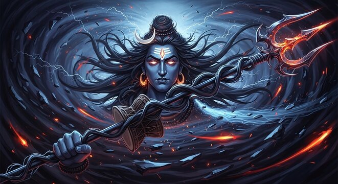 Empowering god Shiva with dynamic energy and glowing eyes, a striking depiction of strength and cosmic power suitable for spiritual and artistic projects - Powered by Adobe