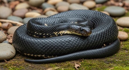 Fototapeta premium Stunning black snake coiled gracefully on mossy ground, a captivating wildlife portrait for educational resources and nature publications, up close detail