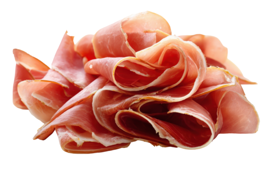 Thinly sliced prosciutto ham isolated on transparent background. Delicious thinly sliced prosciutto ham arranged artistically a gourmet italian food preparation isolated on white background.