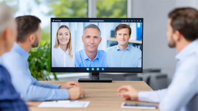 People engaged in online video conference on large screen in office setting, representing remote communication, teamwork, digital collaboration, modern business workflow and professional connectivity.
