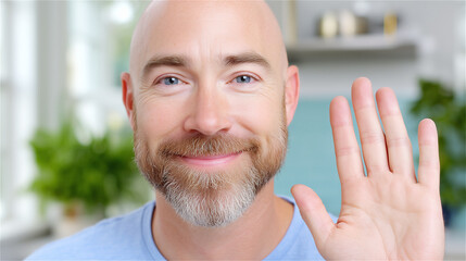 Portrait of smiling bald man with beard waving to camera in bright home interior, capturing friendly communication, connection, positivity and casual modern lifestyle.