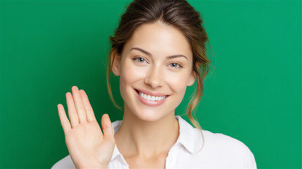 Young woman smiling and waving against bright green backdrop, expressing friendliness, openness, communication and positive modern lifestyle in a clean studio setting.