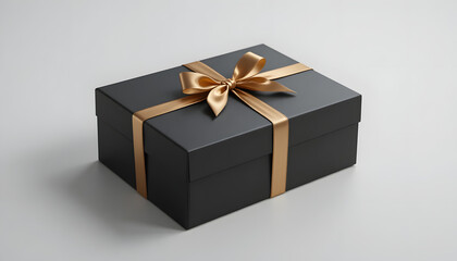 Fototapeta premium Elegant black gift box with gold ribbon offers luxury present packaging, perfect for birthdays, anniversaries, holiday celebrations, and special occasions